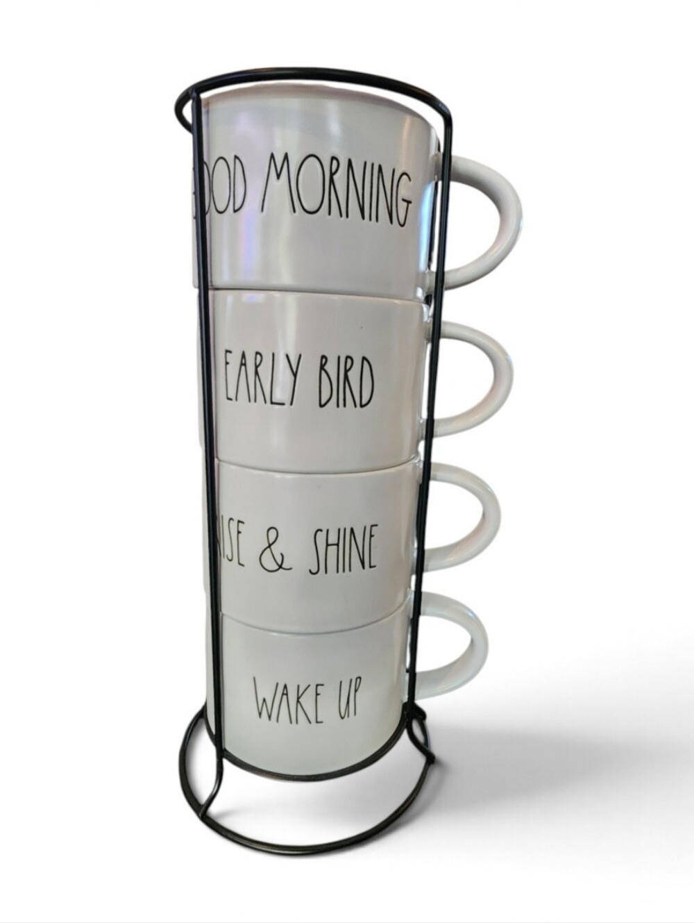 Rae Dunn Stackable White Ceramic Morning Mug Set with Black Rack